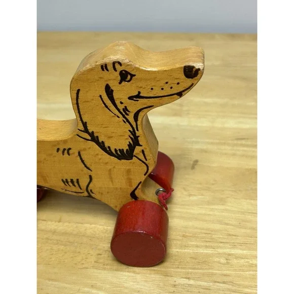 Vintage Steiff Wooden Dog Dachshund on Red Wheels with ID And Pull String
